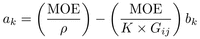 \begin{equation} a_k =\left(\frac{\rm MOE}{\rho }\right)-\left(\frac{\rm MOE}{K\times G_{ij} }\right) b_k \label{eq1} \end{equation}